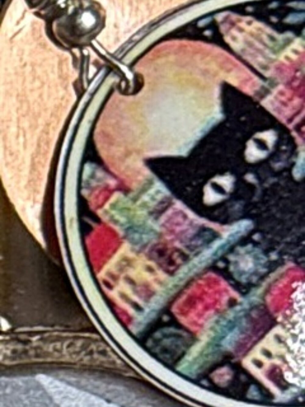 Black Cat Cabochon Dangle Earrings Art Disc Kitten